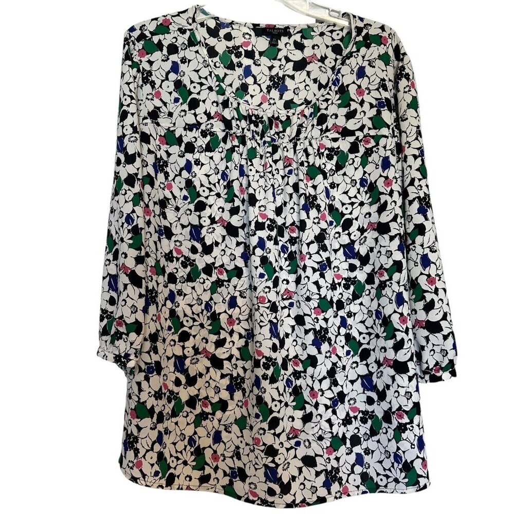 Talbots Top White Black 2X Plus Dark Floral Woven Half Sleeve Pullover Blouse